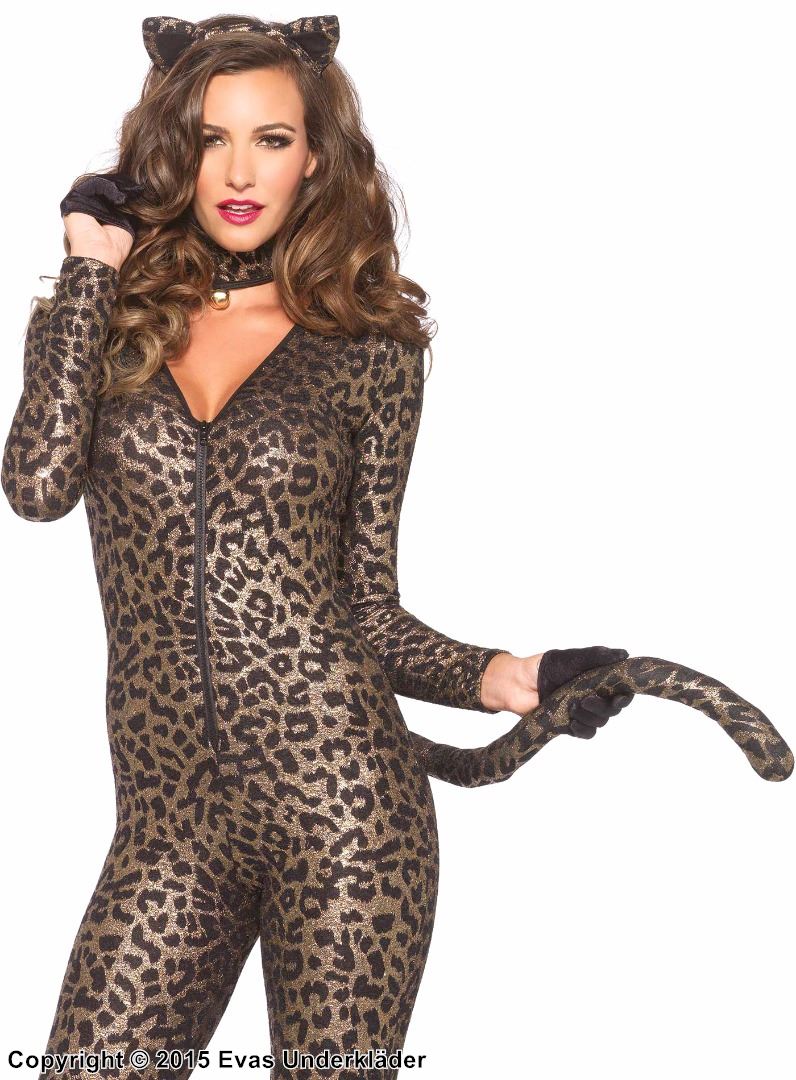 Female leopard, costume catsuit, front zipper, tail, shimmering lurex
